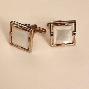 Elegant Pearlish Stone Inlaid in Gold Tone Squared Cufflinks